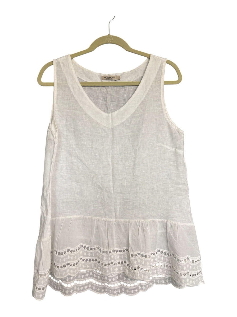 Valentina Naldi White Linen Eyelet Hem Tank Top Made in Italy Size L